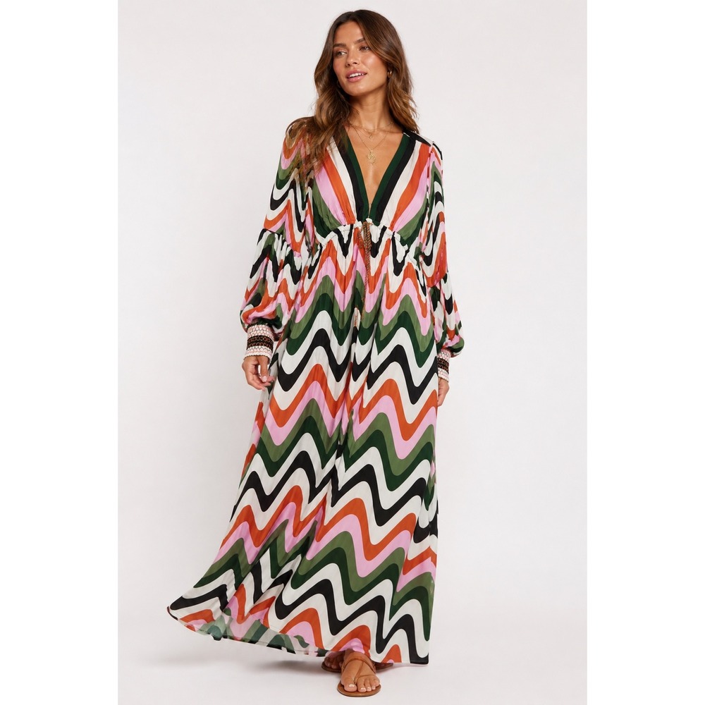 Farm Rio maxi dress, Boho Chevron, pink green tie waist sized medium